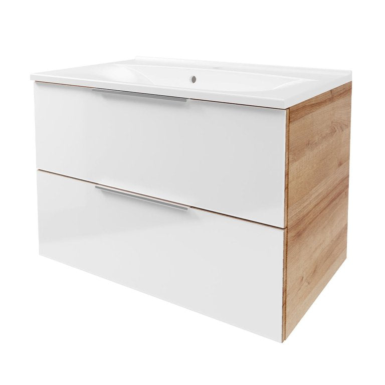 B.BRILLANT Mosdóalsószekrény szett márvány mosdóval 80 cm széles tölgy/magasfényű fehér üveg