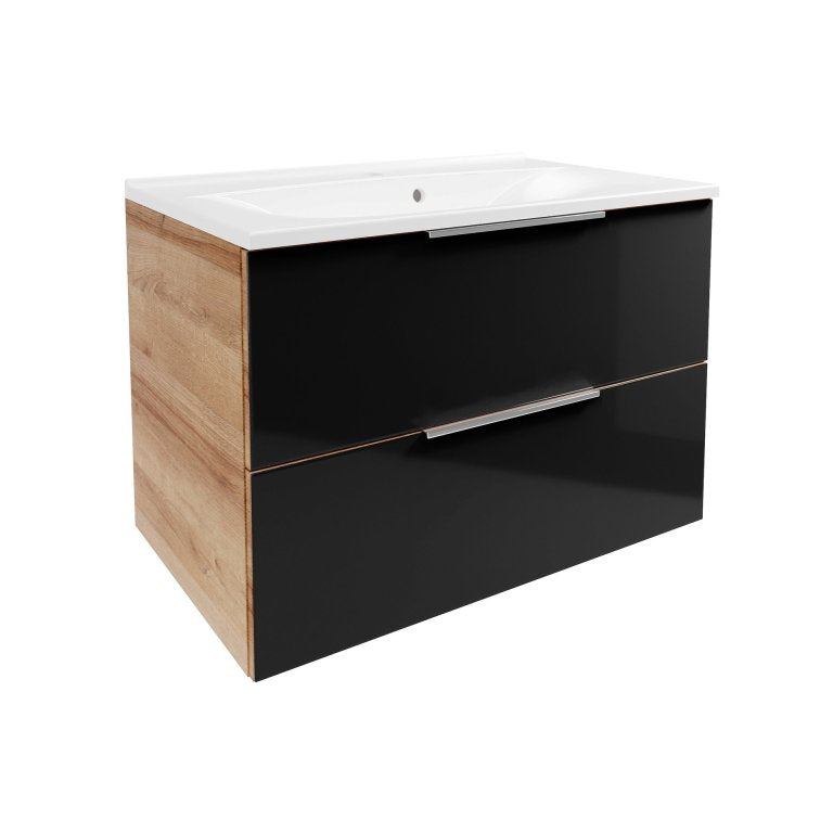 B.BRILLANT Mosdóalsószekrény szett márvány mosdóval 80 cm széles tölgy/antracit üveg