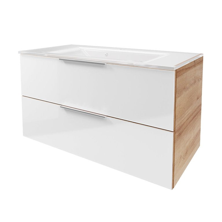 B.BRILLANT Mosdóalsószekrény szett üvegmosdóval 100 cm széles tölgy/magasfényű fehér üveg