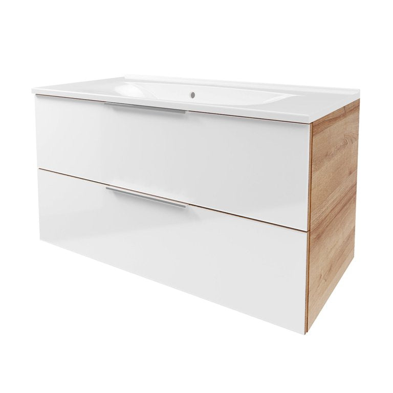 B.BRILLANT Mosdóalsószekrény szett márvány mosdóval 100 cm széles tölgy/magasfényű fehér üveg