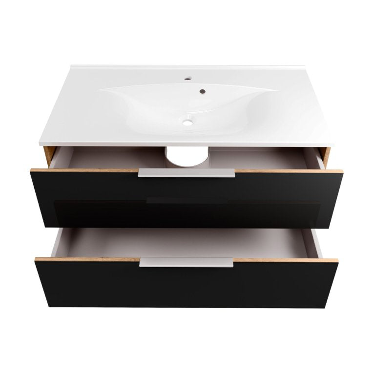 B.BRILLANT Mosdóalsószekrény szett márvány mosdóval 100 cm széles tölgy/antracit üveg