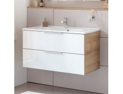 B.BRILLANT Mosdóalsószekrény szett márvány mosdóval 100 cm széles tölgy/magasfényű fehér üveg